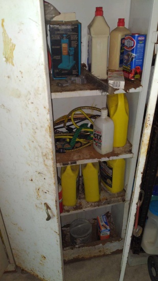 Metal cabinet in garage with contents
