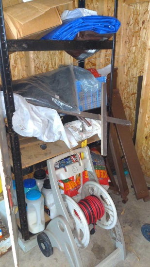 Garage Shelving unit, contents, & hose reel