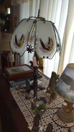 Floor Lamp, Eagle Glass Shade Lamp, brass lamp and octagonal end table