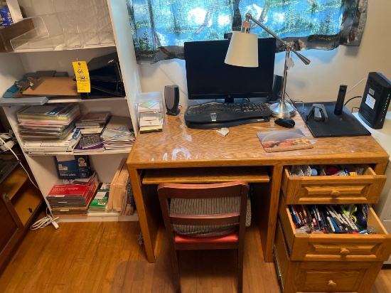 Oak desk - computer monitor, printer, shelf and contents