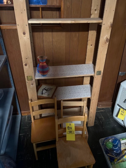 Shelf and 3 childrens chairs