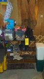 Laundry room shelf with contents mostly gloves & boots