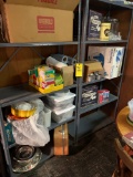 Shelf and contents Inc tins, foot massager, stereo flames