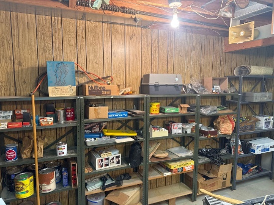 Contents of six basement shelves.