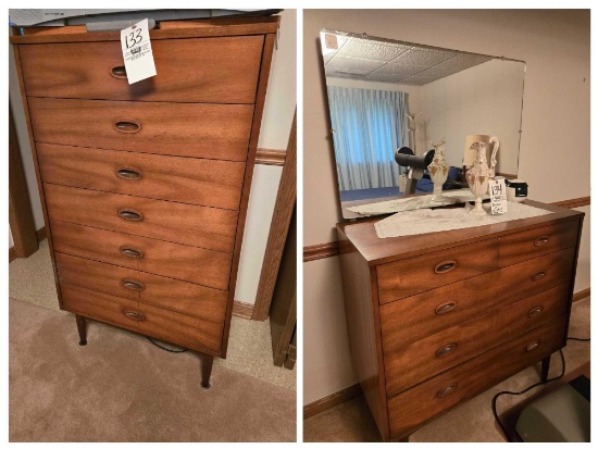Dixie Mid Century Modern Dresser and Chest of Drawers, Vase and Towels