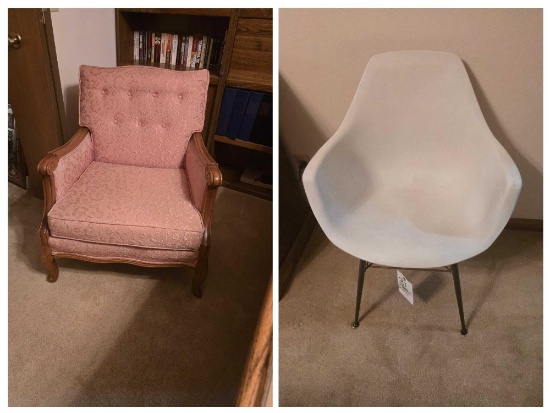 Plastic Mid Century Modern Chair and Upholstered Arm chair