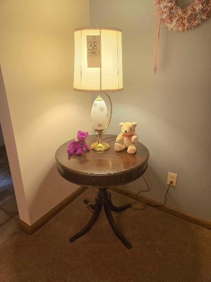 Mahogany Pedestal Stand & Gold Starburst Mid Century Lamp and Bears