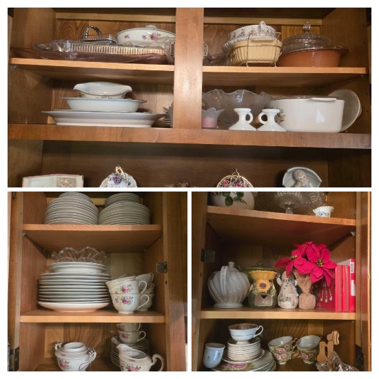 Contents of Hutch inc. Kyoto China Set, Servingware, Lefton China, Tins, Decor, Table Linens