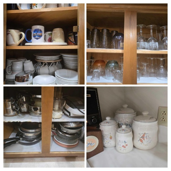 Contents of Kitchen Cabinets inc. Corelle Dishware,Stemware, Tumblers, Utensils, Pots Pans, Bakeware