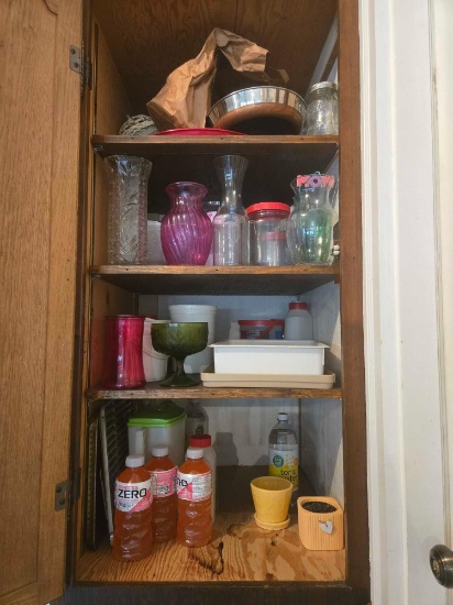 Contents of Cabinet inc. Vases, Glassware, Containers