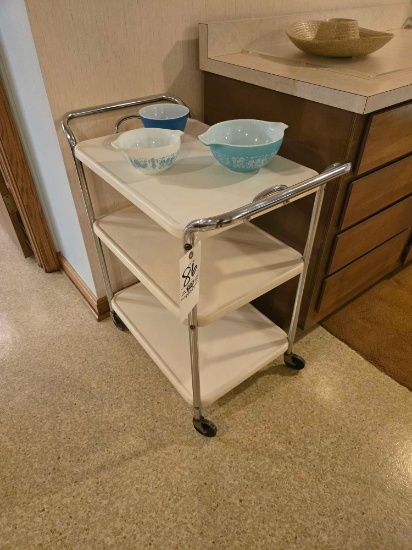 Rolling Cart w/ Assorted Pyrex Bowls some Amish Butter Pattern
