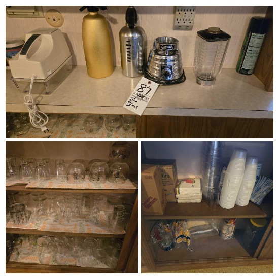Assorted Bar Glassware, Osterizer Blender, Scope Binoculars, Utensils