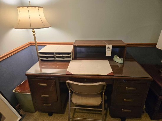Wooden Desk, Folding Chair and Lamp