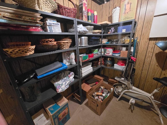 Contents on Shelf inc. Baskets, Tins, Roasting Pans, Thermos, Servingware, Whitley Exercise Bike