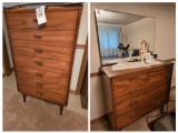 Dixie Mid Century Modern Dresser and Chest of Drawers, Vase and Towels