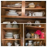 Contents of Hutch inc. Kyoto China Set, Servingware, Lefton China, Tins, Decor, Table Linens