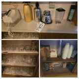 Assorted Bar Glassware, Osterizer Blender, Scope Binoculars, Utensils