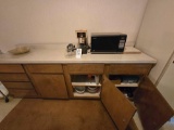 Contents of Cabinets inc.Panasonic Microwave, Bunn Coffee Maker, Table Cloths, Servingware