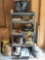 Contents of metal shelf, rock salt, Brick-Lok, glasses, 17x24.5 inches frames, Emerson E10 1/3 HP,
