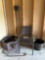 patio chair, deer head fire place, planting pot, crowbar, 2 tiki torches