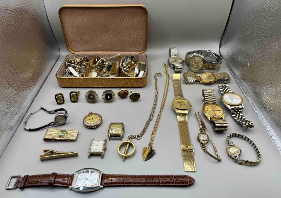 Costume jewelry, wrist watches, tie pins, cuff links