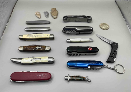 Pocket cutlery, flint artifacts, 1966 half dollar