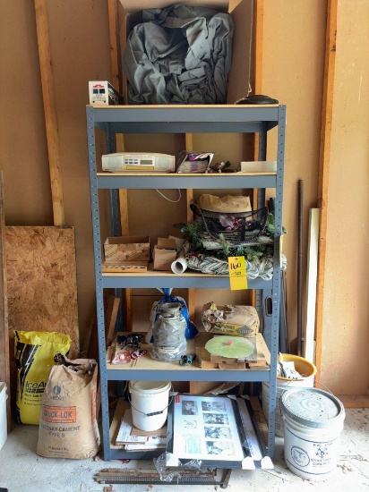 Contents of metal shelf, rock salt, Brick-Lok, glasses, 17x24.5 inches frames, Emerson E10 1/3 HP,