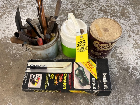 masonry tools, water jug, torch kit