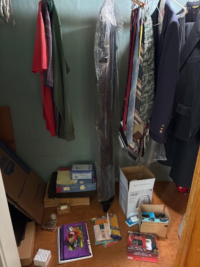 contents in closet, suits, clothes, craft-ware, humidifier, teas set