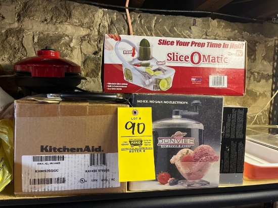 NIB KitchenAid hand mixer, pyrex casserole dishes, kitchen items