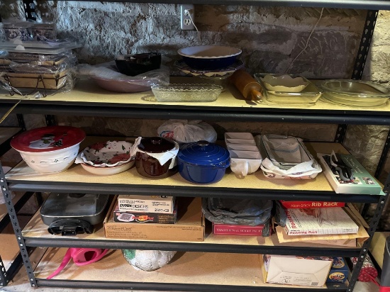 assorted dishes, Longaberger pottery, pyrex, etc