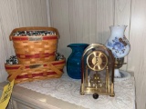 Longaberger baskets, clock, lamp