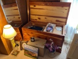 cedar trunk, sweaters, decor