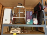 wheel chair, shower chair, cane, raised toilet seat, hearing amplifier, buckets