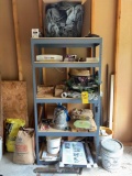 Contents of metal shelf, rock salt, Brick-Lok, glasses, 17x24.5 inches frames, Emerson E10 1/3 HP,