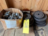 assorted hitch balls, and dumbbell weights