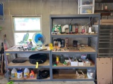 contents on shelf, oils catch, dust pan, fan, tools & hardware