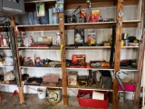 contents on garage shelf, grease gun, work lights, hardware, etc
