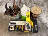 masonry tools, water jug, torch kit