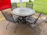 wrought iron patio table, 4 chairs, umbrella