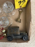 Smith Blue glass, and blue carnival glass, clear oil lamp, bells, brass Motel T die cast bank, color