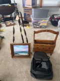 Hand painted Magazine holder, paint on wood picture, decorative metal tripod, dog car bag