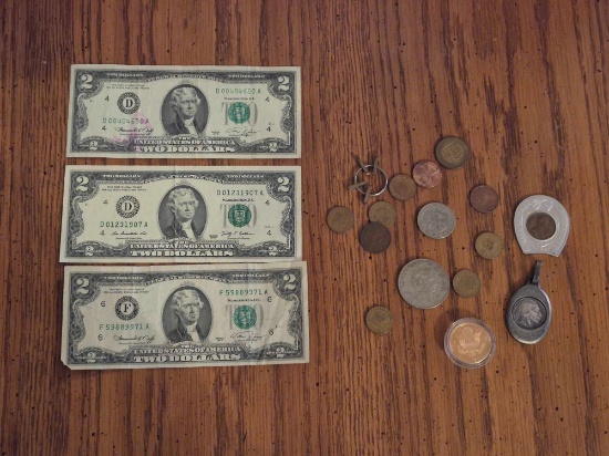 (3) 2 Dollar Bills, First Lady Bicentennial Coin, Lucky Penny, & Buffalo Nickel