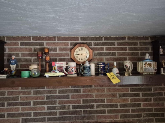 Ash Bucket & Basement Fireplace Mantle Contents - Steins, Decanters, & Small Decor