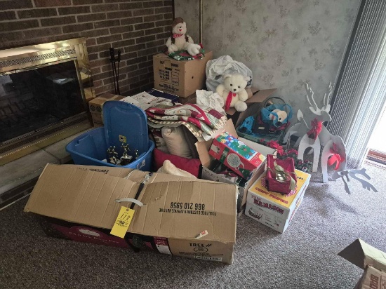 Large Assortment of Christmas Decor, Trophies, & Floor Lamp