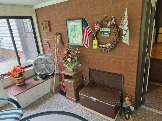 Enclosed Patio Corner Contents - Wind Machine Fan, Cooler, Stand, Small Decor, & Wall Art