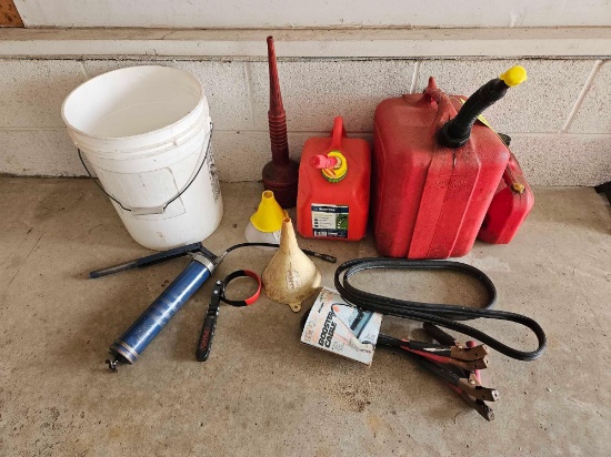 3 Gas Cans, Funnels, & Jumper Cables