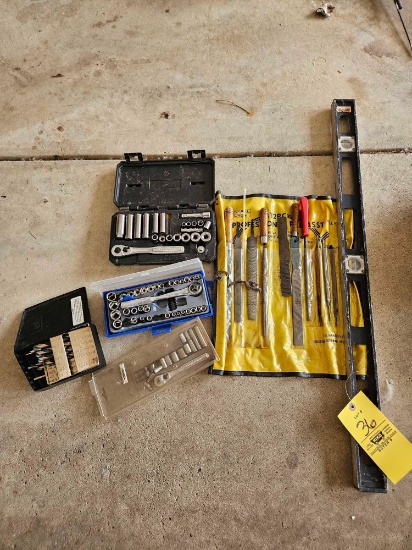 Tool Assortment - Files, Socket Sets, Drill Bits, & Level