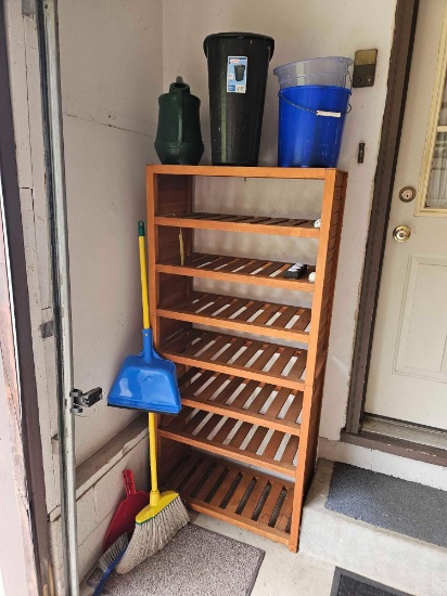 5 Ft. Wooden Shoe Rack, Waste Bins, & Broom Assortment