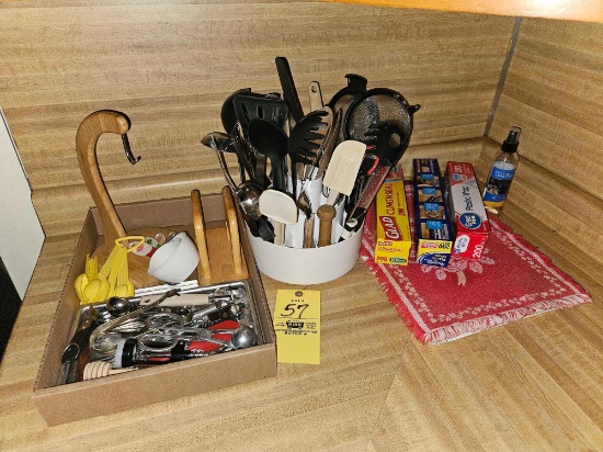 Assortment of Cooking Utensils, Wooden Holders, & Measuring Cups